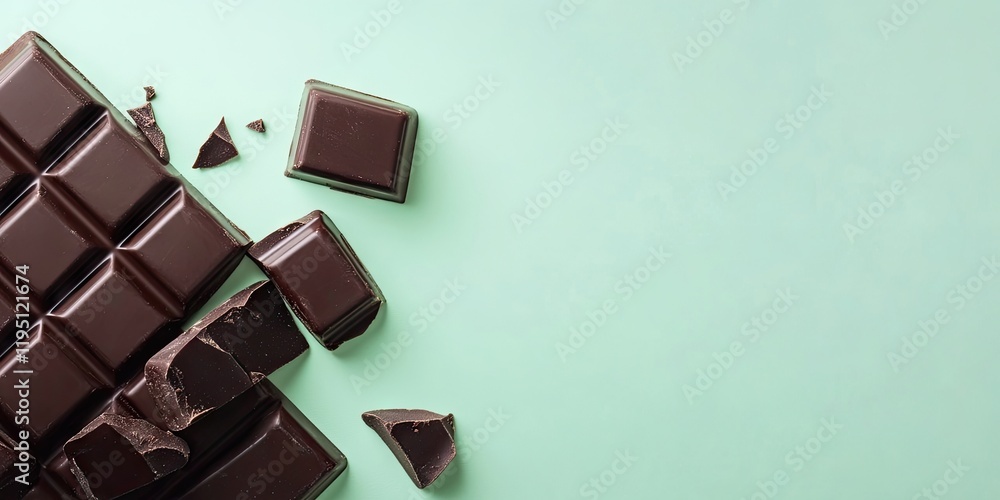 Poster dark chocolate bars and pieces scattered on a light green background with ample copy space for text 