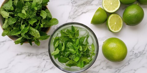 Obraz premium Fresh green mint leaves and halved limes arranged around a glass of mojito with ice on a marble background, vibrant colors and natural light.
