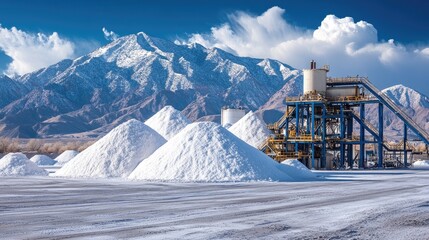Lithium extraction plant in snowy salt flat with mountain range background