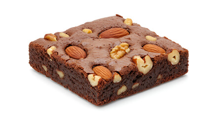 Piece of chocolate brownies with nuts isolated on white background 