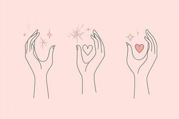 Three hands holding love and sparkles, a delicate design