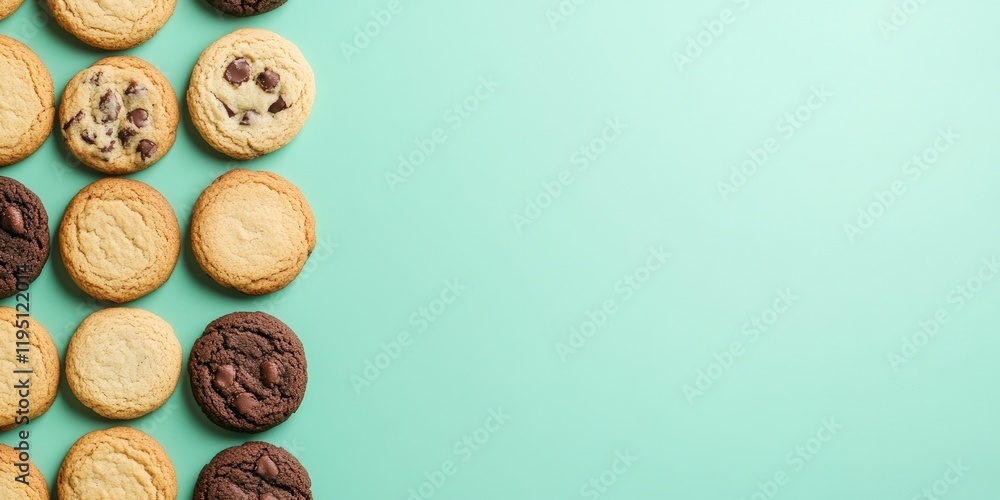 Poster cookies in various flavors arranged neatly on a green pastel background with ample copy space on the