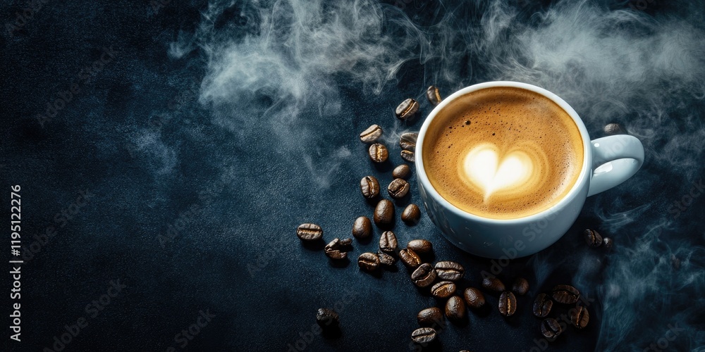 Poster Cup of coffee with heart foam on top surrounded by coffee beans and smoke on dark textured background with soft light creating ambiance