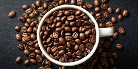 Fototapeta premium White cup overflowing with dark roasted coffee beans on a black textured surface with scattered beans around the cup creating contrast