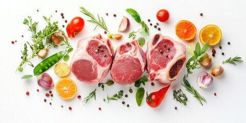 Fresh pork chop cuts on a white background surrounded by vibrant vegetables and herbs, including tomatoes, oranges, and green peas, top view.