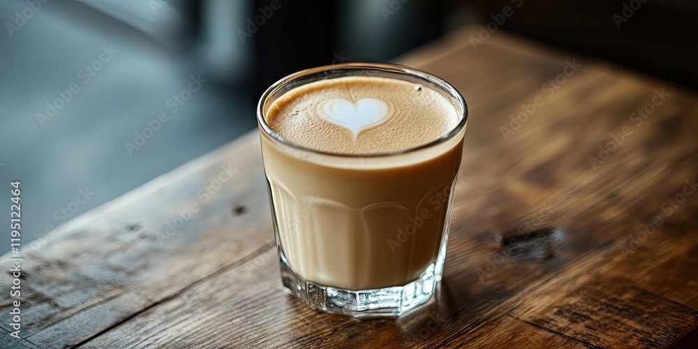 Poster creamy coffee with heart latte art in a clear glass on a rustic walnut table with warm tones and sof