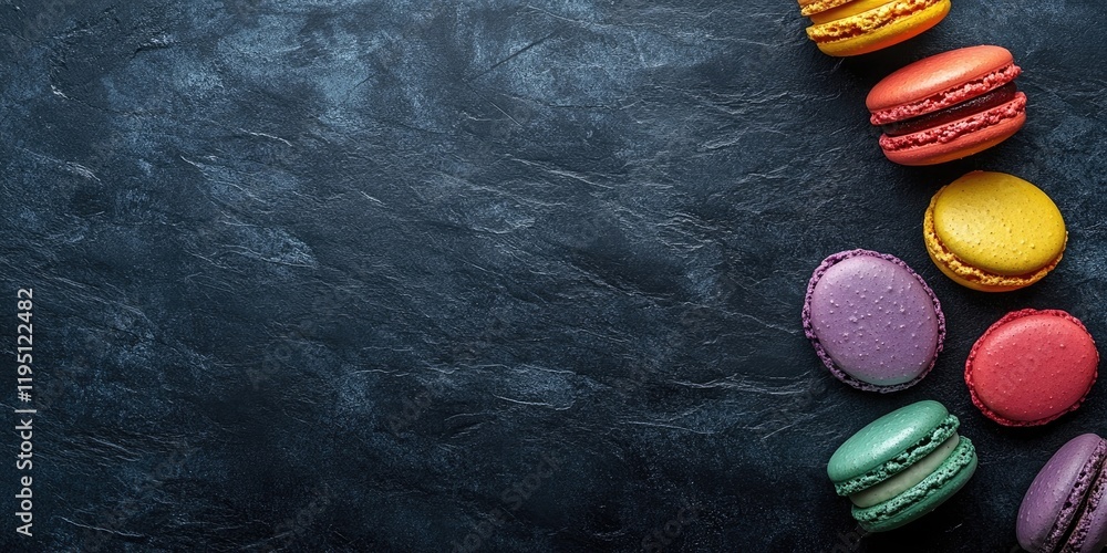 Aufkleber colorful macarons arranged diagonally on dark textured background with ample negative space for text