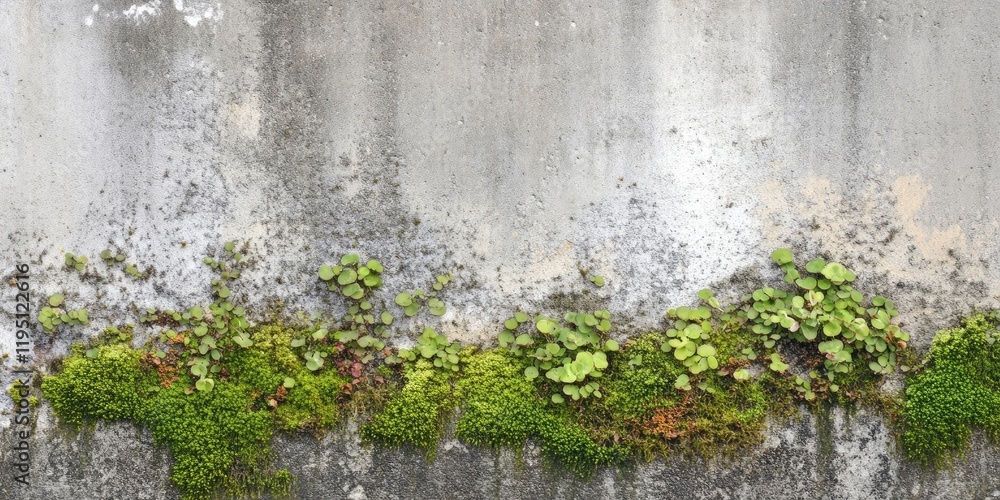 Poster weathered concrete wall displaying vertical texture with green moss and lichen growth at the bottom 