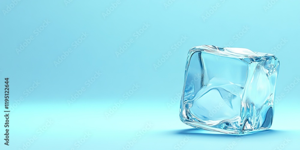 Poster crystal clear ice cube positioned on the right against a soft light blue gradient background with am