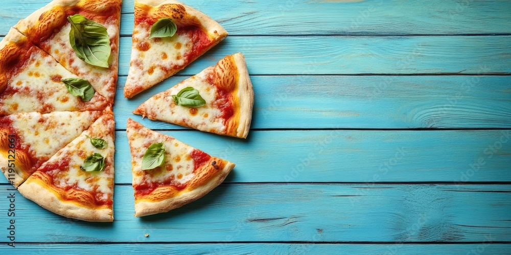 Poster sliced pizza on rustic blue wooden background with fresh basil leaves arranged on the pizza and ampl