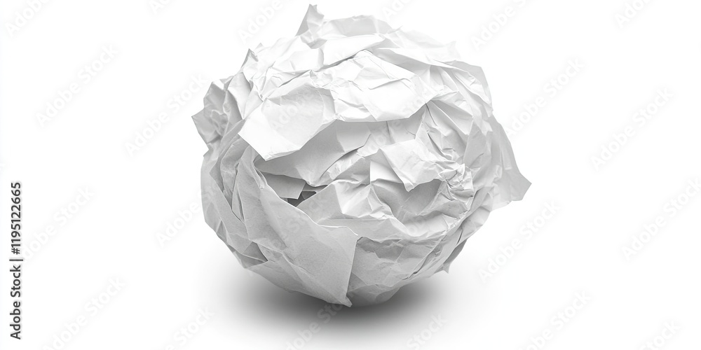 Poster crumpled white paper ball isolated on a white background with soft shadows creating depth and textur