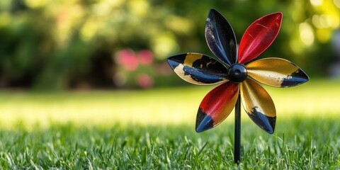 Colorful pinwheel toy in black red and gold with football design positioned on green lawn with blurred background and ample copy space