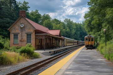 Obraz premium Train arriving at the plains, virginia, historic railway station on a sunny day