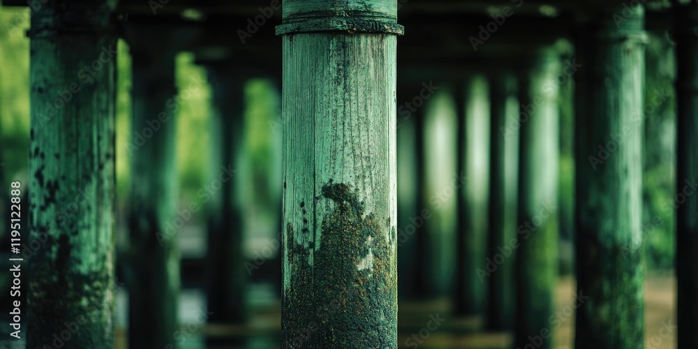 Poster weathered green wooden columns creating a serene perspective in a dimly lit environment with varying