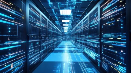 A server room within the factory filled with blinking servers and computers where visual data streams are projected onto the walls illustrating traffic and analytics.