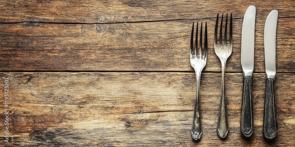Aufkleber cutlery arrangement featuring two forks and a knife on rustic wooden table background with ample emp