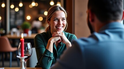 Couple Enjoys Intimate Conversation Over Dinner in a Cozy Restaurant Setting