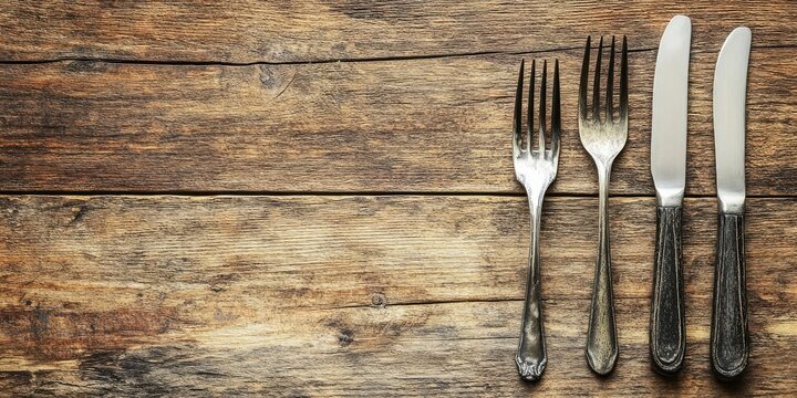Cutlery arrangement featuring two forks and a knife on rustic wooden table background with ample empty space for diet food text insertion