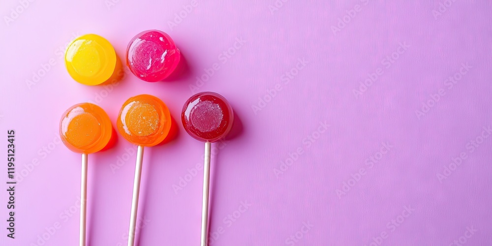 Poster colorful lollipops in yellow orange pink and red arranged in a flat lay on a violet background with 