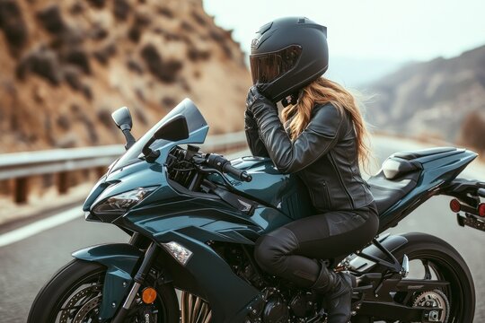 Female biker adjusting helmet on kawasaki ninja motorcycle on scenic road - Powered by Adobe