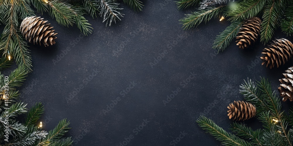 Poster dark gray background with a top view of fir branches and pine cones arranged around free text space 