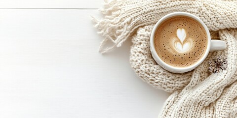 Cozy winter scene with a warm latte in a white cup on a creamy knitted scarf positioned on a light background with softness and comfort