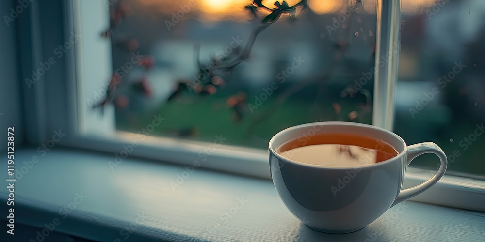 Poster cup of warm tea on a windowsill illuminated by sunset with soft focus on mug and background greenery