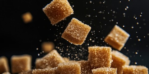 Cubes of brown cane sugar floating against a dark background with fine sugar particles creating an ethereal effect highlighting texture and color.