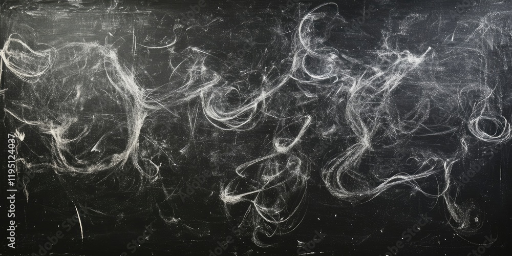 Poster Dark chalkboard with smudges and swirling white chalk marks covering the surface creating an abstract texture against a deep black background.
