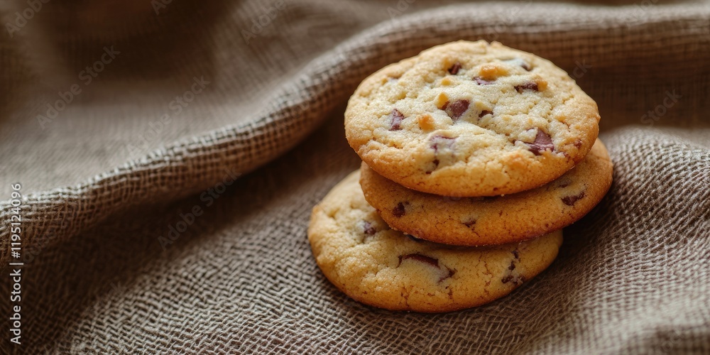 Poster three chocolate chip cookies stacked on brown textured fabric background with soft shadows highlight