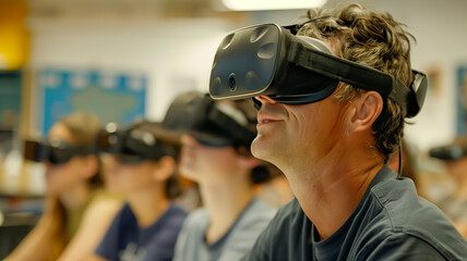 Group of people using virtual reality headsets in classroom setting