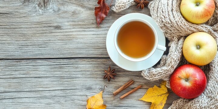 Cozy cup of tea on a white saucer surrounded by green and red apples, cinnamon sticks, leaves, and natural wool scarf on rustic wooden surface - Powered by Adobe