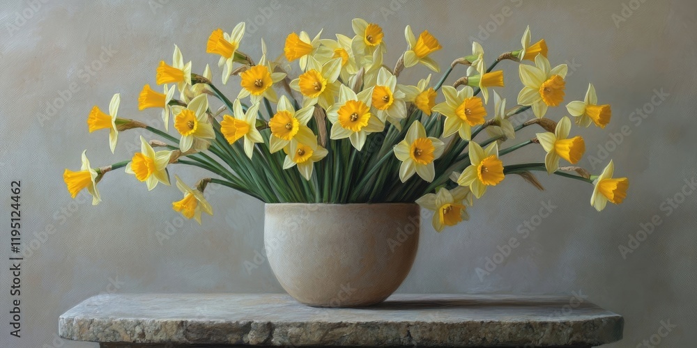 Poster vibrant yellow daffodils in a round beige vase on a rustic stone table with a soft neutral backgroun