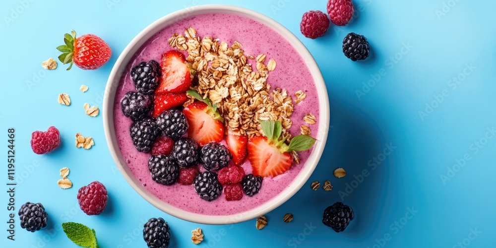 Poster colorful smoothie bowl with strawberries and blackberries topped with granola on a blue background a
