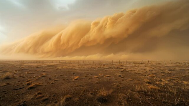 Massive dust storm rolling over a barren landscape