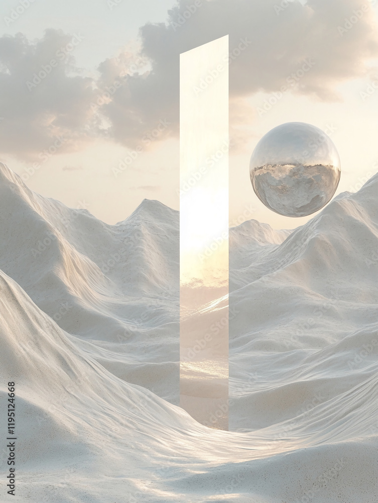 Poster reflective pillar and floating metallic sphere in a surreal desert setting