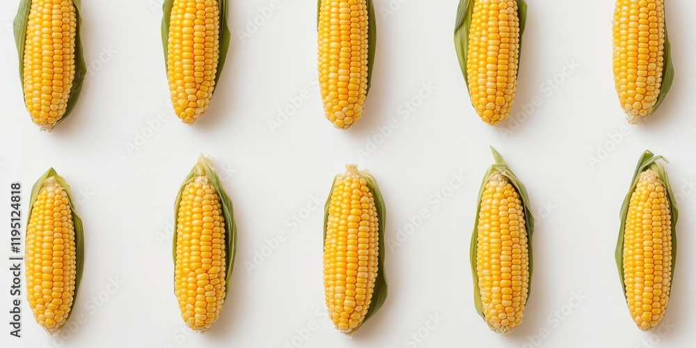 Poster arranged golden corn cobs on a clean white backdrop in flat lay style with symmetrical placement cre