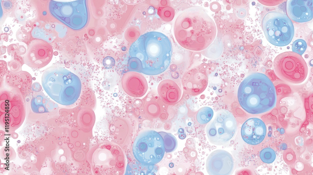 Poster a captivating pink and blue abstract pattern with floating soap bubbles that refract light into deli
