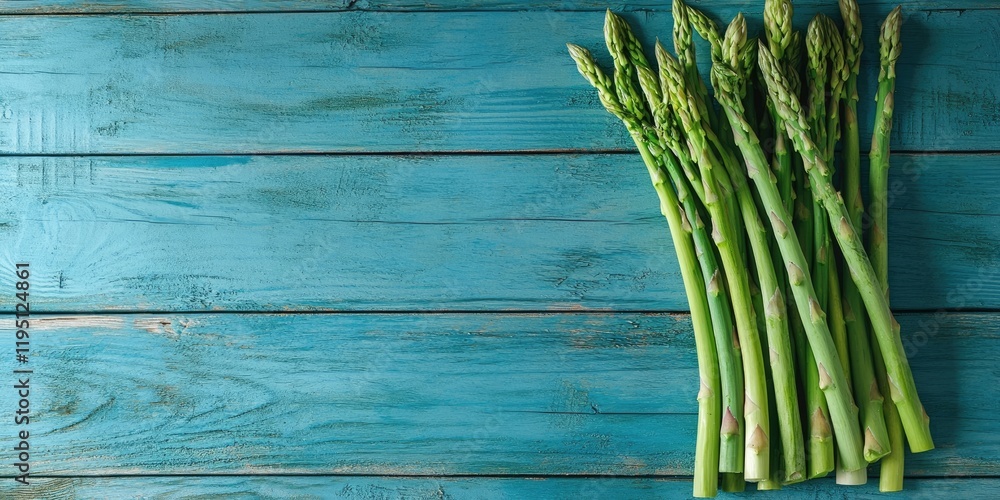 Aufkleber fresh green asparagus stalks arranged neatly on a rustic blue wooden surface with visible grain, cre