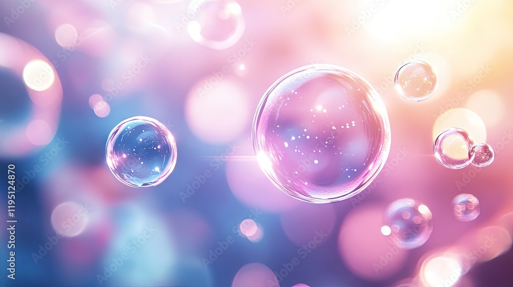 Poster a captivating pink and blue abstract pattern with floating soap bubbles that refract light into deli