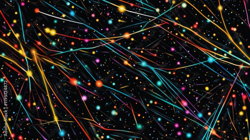 Poster abstract colorful lines and dots on a dark background creating a dynamic pattern