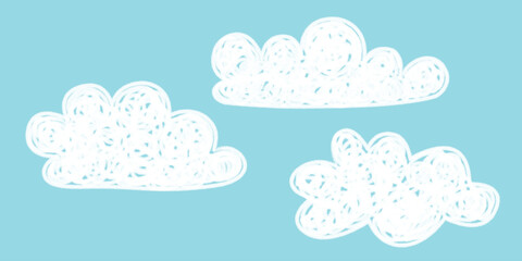 Flat cloud. Simple cloudy shapes. Cartoon white puffy, fluffy and cumulus clouds in blue sky. Abstract comic weather elements.