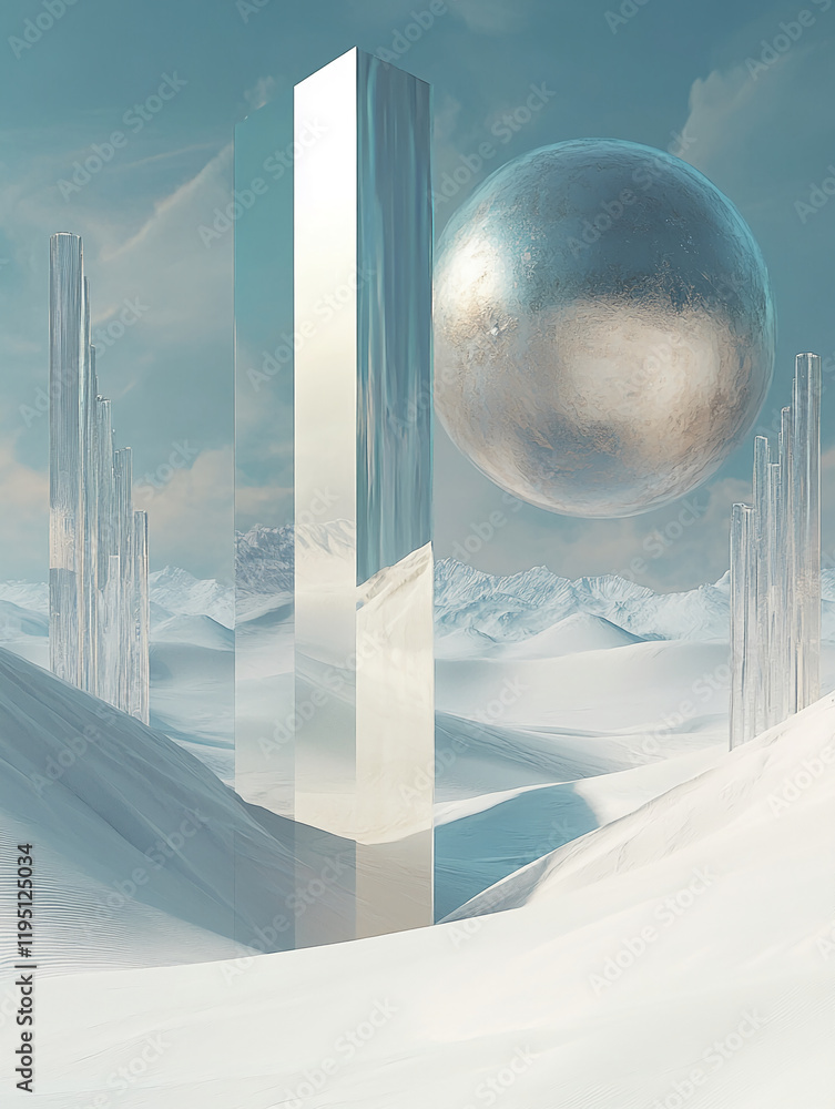 Poster Metallic sphere and reflective pillars in an abstract snow landscape