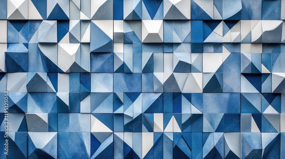 Poster a clean and modern abstract triangular mosaic in subtle blue and gray tones, creating a sleek visual
