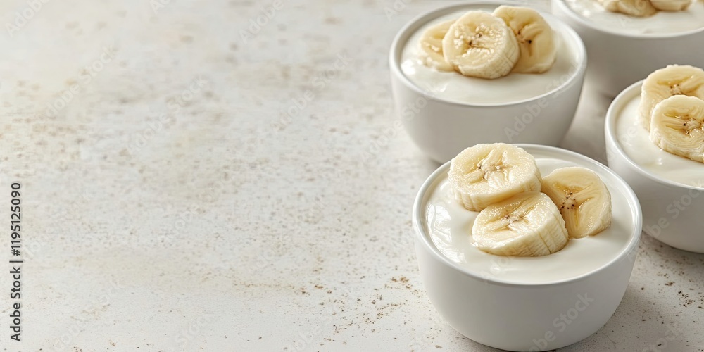 Poster cups of creamy yogurt topped with banana slices arranged on a light textured table with ample empty 