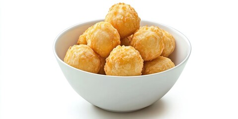 Delicious golden Pilus keju snacks made from tapioca flour displayed in a white bowl on a clean background highlighting their crisp texture.