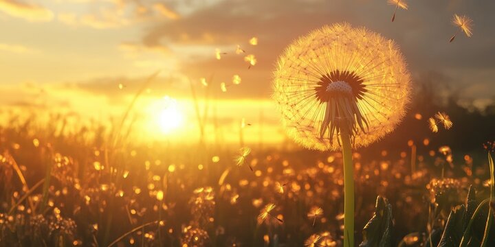 Dandelion illuminated by warm sunset glow with seeds floating in golden light against a vibrant sky and soft clouds in the background