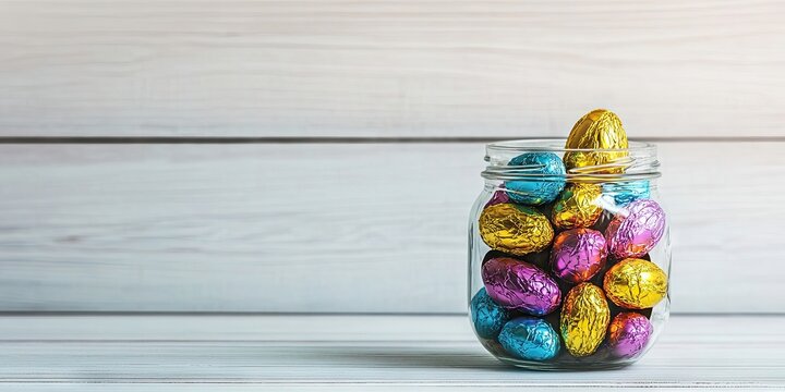 Colorful foil-wrapped chocolate eggs in a glass jar on a white wooden table with light reflections and space for text on the right side. - Powered by Adobe