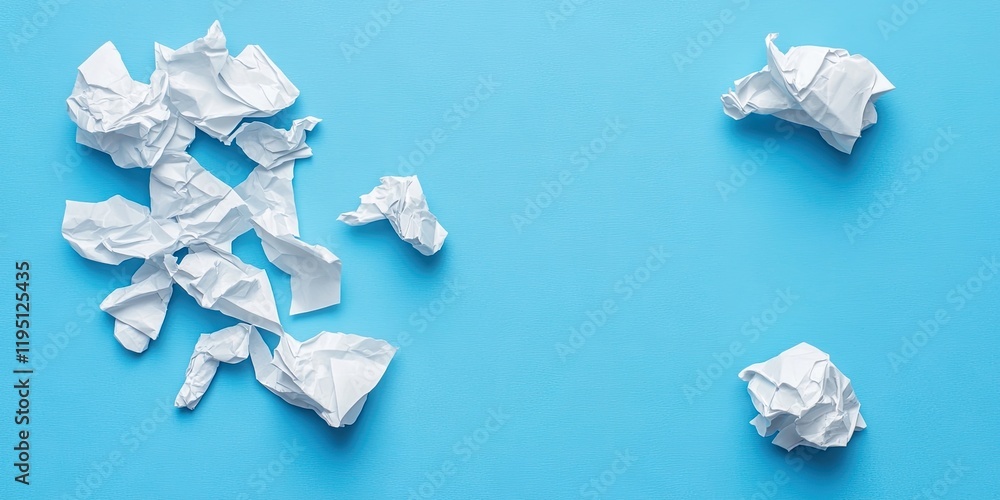 Poster crumpled white paper balls scattered on a vibrant blue background creating a dynamic and creative co