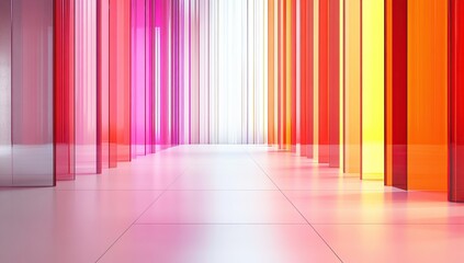 3D rendering of vertical stripes of colored glass, with a gradient from light pink to orange and red